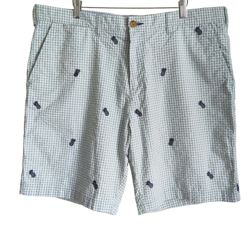 TOMMY HILFIGER Gingham Check Seersucker w Pineapple Cotton Shorts Sz 38 New